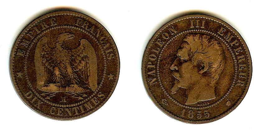 Dix centimes Napoléon III, tête nue 1855 Marseille TB+